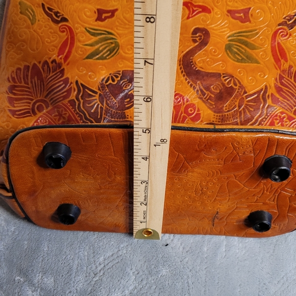 Genuine Leather Made In India Zipper Tote Bag Elephant Design with Bottom Studs - Picture 9 of 13